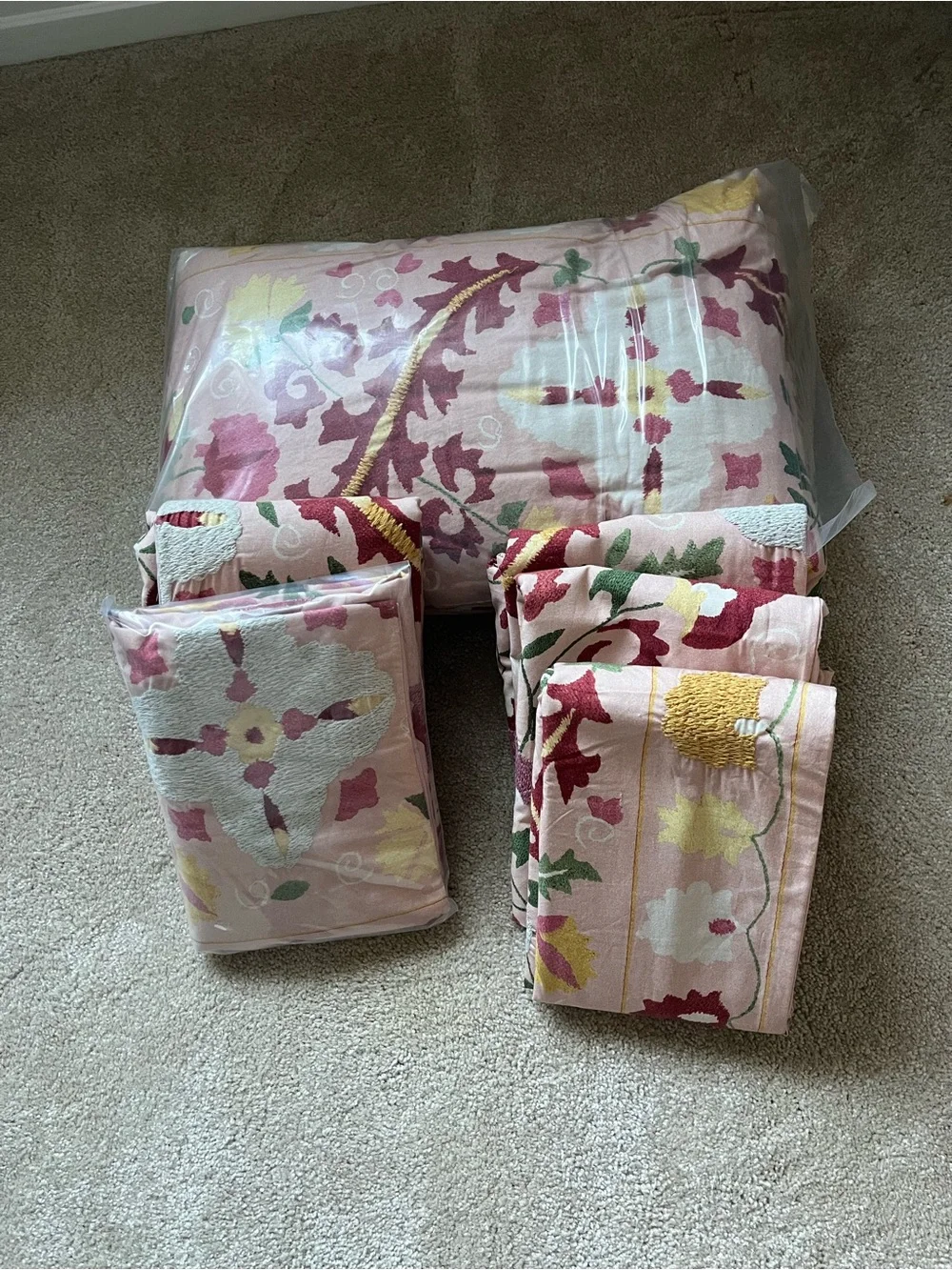 King Flora Quilted Duvet Cover Set in Pink with Multicolor Embroidered